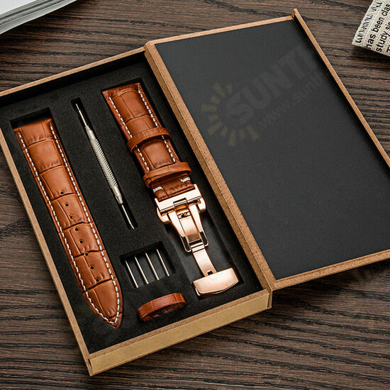 22MM Genuine Leather Watch Band Strap Kit Butterfly Buckle Deployment Clasp