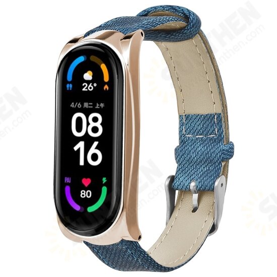 2-In-1 Comfortable Lightweight with Plating Watch Case Denim Texture PU Leather Watch Band Strap Replacement for Xiaomi Mi Band 6 / Mi Band 5 Non-Original