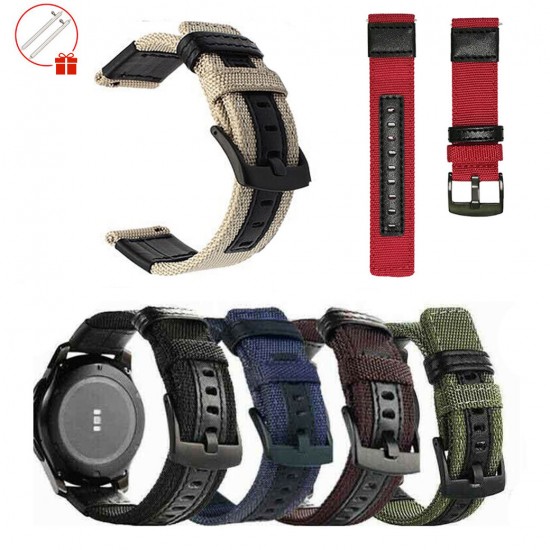 20/22mm Width Canvas Nylon Woven + Leather Watch Band Strap Replacement for Samsung Gear S3 Huawei
