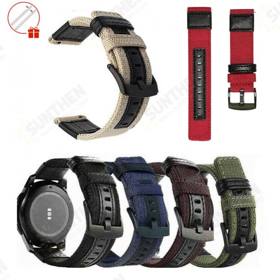 20/22mm Width Canvas Nylon Woven + Leather Watch Band Strap Replacement for Samsung Gear S3 Huawei