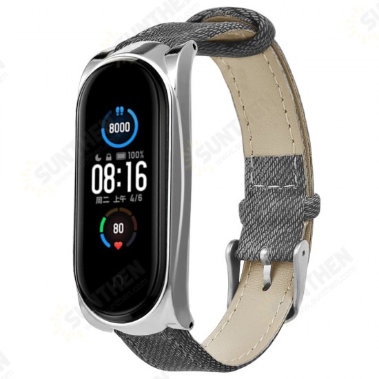 Buckle Style Denim Pattern Retro Replacement Leather Strap Smart Watch Band For Xiaomi Mi Band 5 Non-original