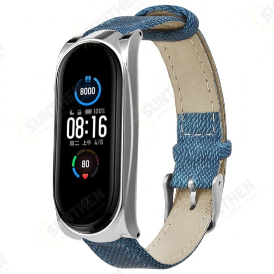 Buckle Style Denim Pattern Retro Replacement Leather Strap Smart Watch Band For Xiaomi Mi Band 5 Non-original