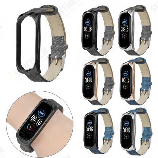 Buckle Style Denim Pattern Retro Replacement Leather Strap Smart Watch Band For Xiaomi Mi Band 5 Non-original