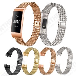 Five Beads Round Solid Stainless Steel Watch Band for Fitbit charge 3 Smart Watch