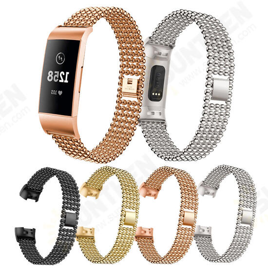 Five Beads Round Solid Stainless Steel Watch Band for Fitbit charge 3 Smart Watch