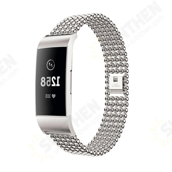 Five Beads Round Solid Stainless Steel Watch Band for Fitbit charge 3 Smart Watch