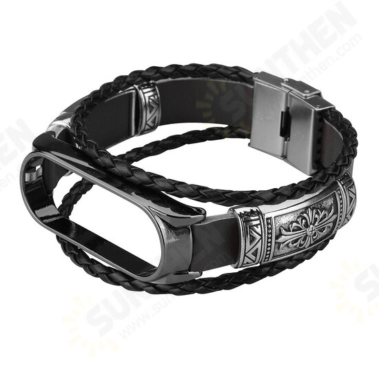 DIY Leather Metal Case Watch Band Watch Strap for Xiaomi Miband 5 Mi Band 5 NFC Non-original