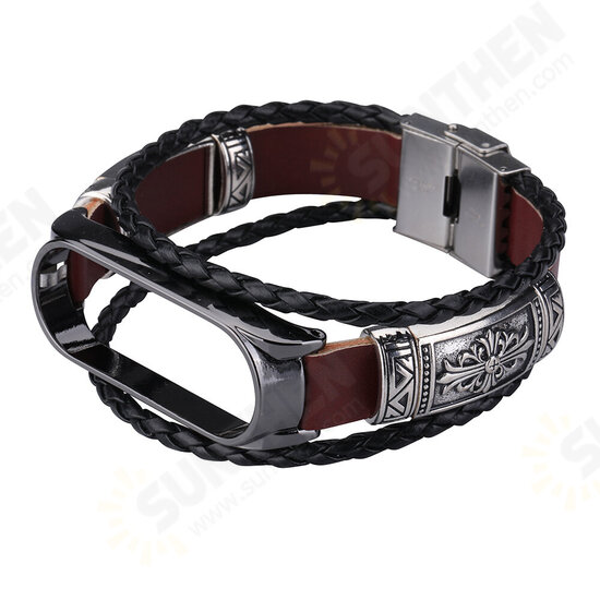 DIY Leather Metal Case Watch Band Watch Strap for Xiaomi Miband 5 Mi Band 5 NFC Non-original