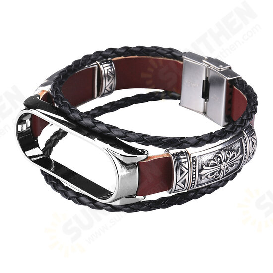 DIY Leather Metal Case Watch Band Watch Strap for Xiaomi Miband 5 Mi Band 5 NFC Non-original