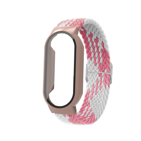 PC+Tempered Film Protective Case Stretch Woven Replacement Strap Smart Watch Band for Xiaomi Mi Band 7 / 7 NFC