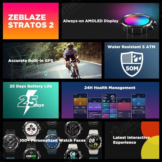 Stratos 2 360*360px Always-On AMOLED Display 4 Satellite 3 Modes GPS Heart Rate SpO2 Monitor 100+ Watch Faces 5ATM Waterproof Smart Watch