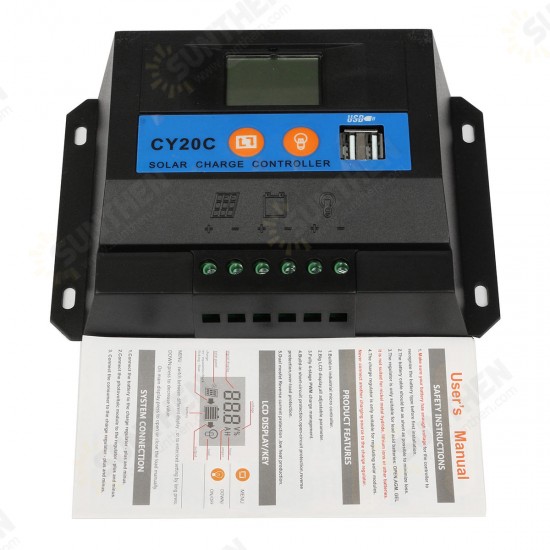 20A 12V/24V LCD Solar Charge Controller Panel Battery Regulator With 2 USB Ports