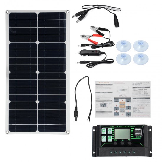 250W Max Portable Solar Panel Kit Dual DC USB Charger Kit Single Crystal Semi-flexible Solar Power Panel w/ 60A/100A Solar Controller