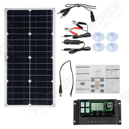 250W Max Portable Solar Panel Kit Dual DC USB Charger Kit Single Crystal Semi-flexible Solar Power Panel w/ 60A/100A Solar Controller