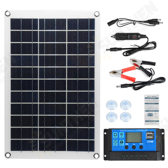 Max 100W Protable Solar Panel Kit Dual DC USB Charger Kit Single Crystal Semi-flexible Solar Power Panel w/ None/10A/30A/60A/100A Solar Controller