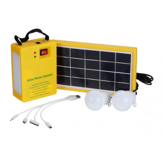Solar Panel Power Generator Kit 5V USB Charger Home Outdoor System with 2 LED Bulbs Light