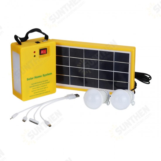 Solar Panel Power Generator Kit 5V USB Charger Home Outdoor System with 2 LED Bulbs Light