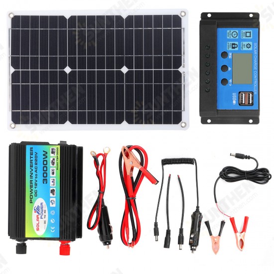 Solar Power System 18W 18V Solar Panel Battery Charger 3000W Inverter 30A 12/24V Solar Controller USB Kit