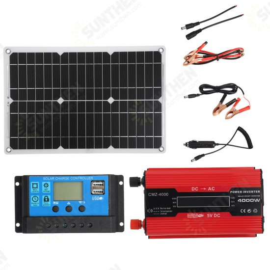 Solar Power System Kit 18V Solar Panel 4000W 12V to 110V/220V Inverter 30A 12/24V Charge Controller USB Kit