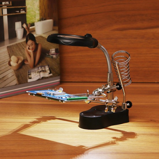 LED Light Soldering Iron Stand Holder Helping Hands Magnifying Glass Magnifier Third Hand Magnifier