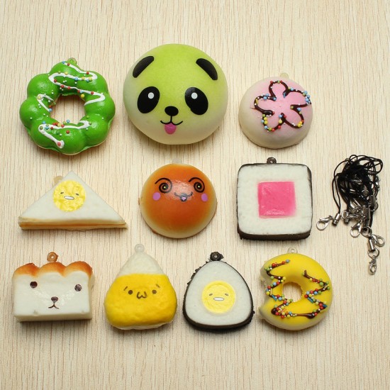 10Pcs Random Squishy Soft Sushi/Panda/Bread/Cake/Buns Phone Straps