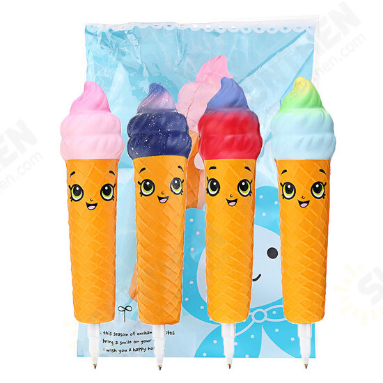 Squishy Pen Cap Smile Face Ice Cream Cone Slow Rising Jumbo With Pen Stress Relief Toys Student Office Gift