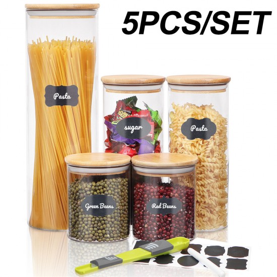 Glass Storage Jar 5 Set Food Storage Containers Airtight Food Jars with Bamboo Wooden Lids