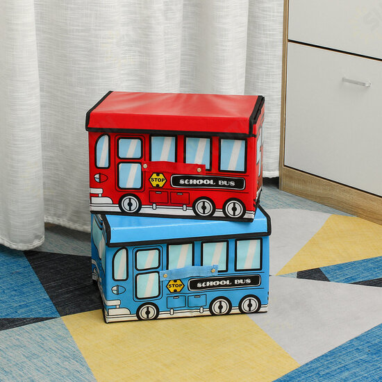 1.8L Waterproof Bus Shape Children Kids Toys Storage Box Foldable Non-woven Cartoon Car Pattern Toys Basket