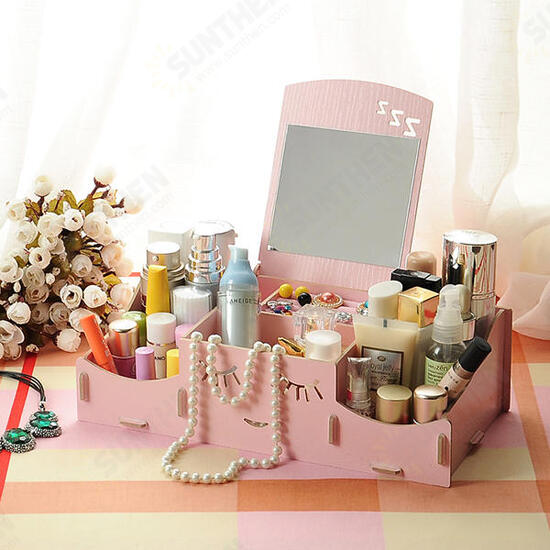 Creative Diy Wooden Cosmetic Storage Box Desktop Storage Container With Mirror Desktop Organizer