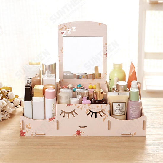 Creative Diy Wooden Cosmetic Storage Box Desktop Storage Container With Mirror Desktop Organizer