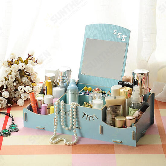 Creative Diy Wooden Cosmetic Storage Box Desktop Storage Container With Mirror Desktop Organizer