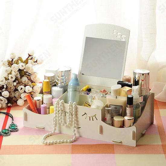 Creative Diy Wooden Cosmetic Storage Box Desktop Storage Container With Mirror Desktop Organizer