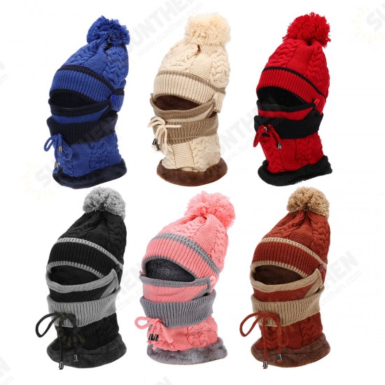 4PCS / Set Winter Thicken Warm Windproof Women Touch Screen Gloves + Neckerchief Scarf + Knitted Pompom Beanie Hat Cap with Fluff + Face Mask