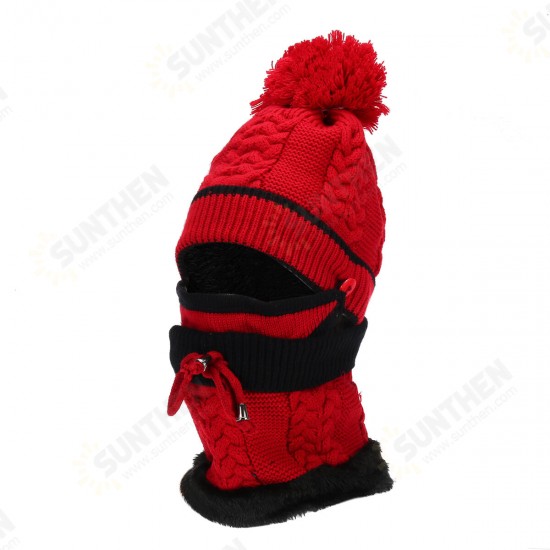 4PCS / Set Winter Thicken Warm Windproof Women Touch Screen Gloves + Neckerchief Scarf + Knitted Pompom Beanie Hat Cap with Fluff + Face Mask