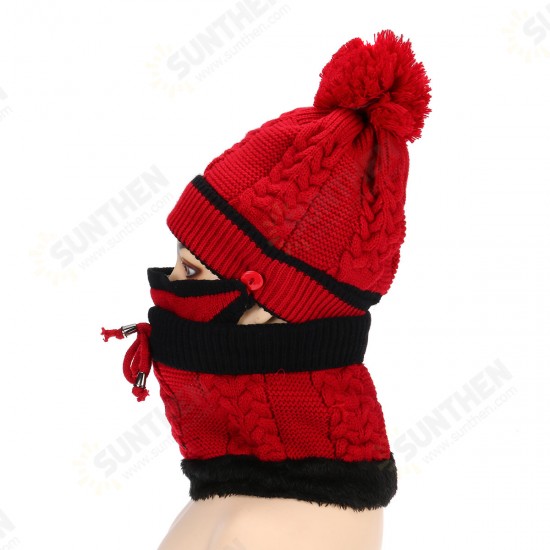 4PCS / Set Winter Thicken Warm Windproof Women Touch Screen Gloves + Neckerchief Scarf + Knitted Pompom Beanie Hat Cap with Fluff + Face Mask