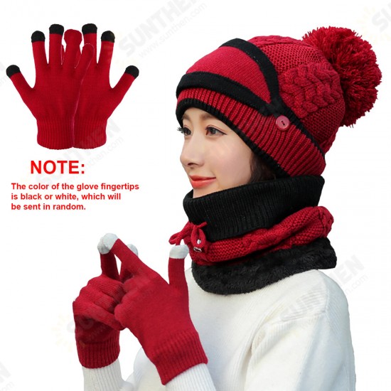 4PCS / Set Winter Thicken Warm Windproof Women Touch Screen Gloves + Neckerchief Scarf + Knitted Pompom Beanie Hat Cap with Fluff + Face Mask