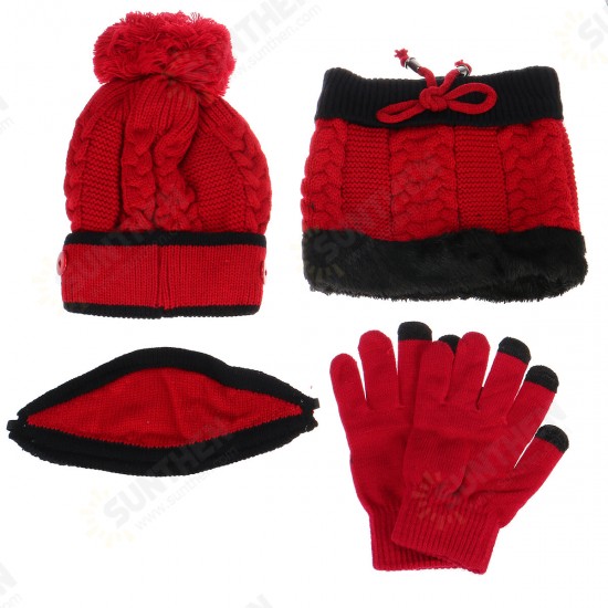 4PCS / Set Winter Thicken Warm Windproof Women Touch Screen Gloves + Neckerchief Scarf + Knitted Pompom Beanie Hat Cap with Fluff + Face Mask