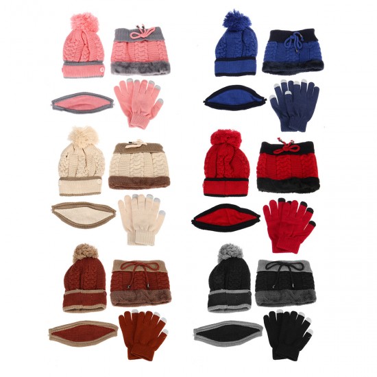 4PCS / Set Winter Thicken Warm Windproof Women Touch Screen Gloves + Neckerchief Scarf + Knitted Pompom Beanie Hat Cap with Fluff + Face Mask