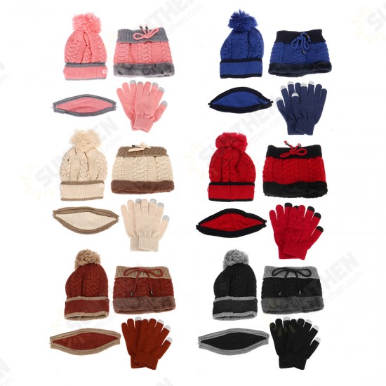 4PCS / Set Winter Thicken Warm Windproof Women Touch Screen Gloves + Neckerchief Scarf + Knitted Pompom Beanie Hat Cap with Fluff + Face Mask