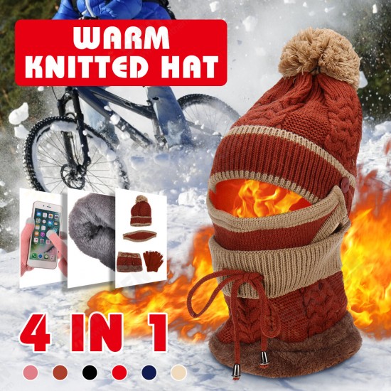 4PCS / Set Winter Thicken Warm Windproof Women Touch Screen Gloves + Neckerchief Scarf + Knitted Pompom Beanie Hat Cap with Fluff + Face Mask