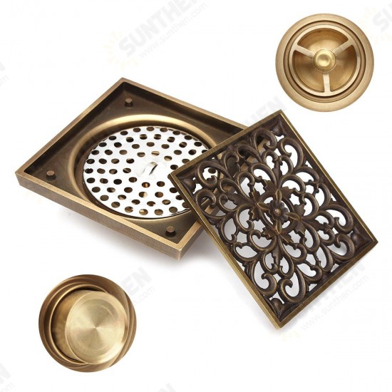 Antique Brass Square Floor Drain for Bathroom Kitchen w/ Strainer Grate 10X10X4.5cm