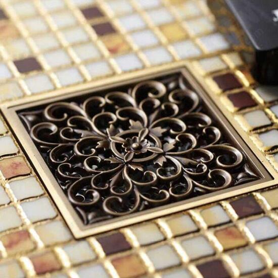 Antique Brass Square Floor Drain for Bathroom Kitchen w/ Strainer Grate 10X10X4.5cm