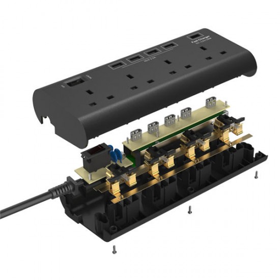 YA-40WS-4BK5U 4 Outlet UK Socket Power Strip Adaptor with 4 USB Charging Ports