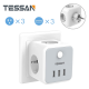 TS-301-DE 2500W 6-in-1 German/EU Wall Socket Power Strip with 3 AC Outlets/3 USB Charger Adapter Overload Protection Socket with On/Off Switch