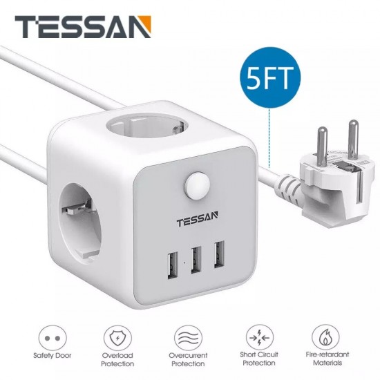 TS-301-DE 6-in-1 2500W Wired German/EU Wall Socket Power Strip with 3 AC Outlets/3 USB Charger Adapter Overload Protection Socket with On/Off Switch