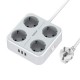 TS-302-DE 2500W Wired USB Socket Power Strip German/EU Plug with 4 AC Outlets/3 USB Charger Adapter Overload Protection Portable Outlets