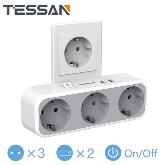 TS-322-DE 2500W 5-in-1 EU Wall Socket Adapter with Switch/3 AC Outlets/2 USB Ports Multiple Sockets Compatible for Phone/Laptop/Camera