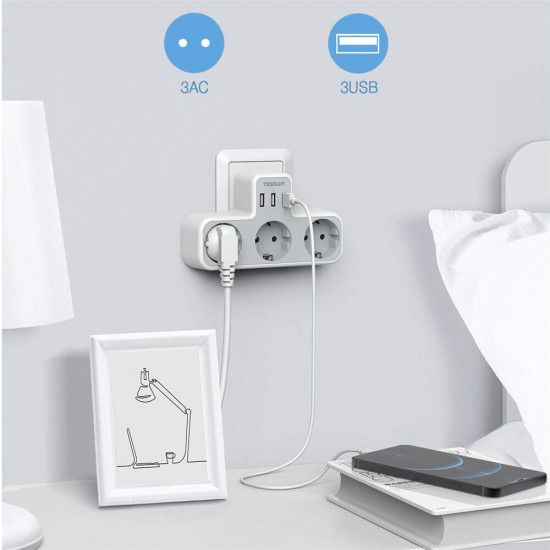 TS-323-DE German/EU 3600W Wall Socket Extender with 3 AC Outlets/3 USB Ports 5V 2.4A Power Adapter Overload Protection Sockets for Home/Office