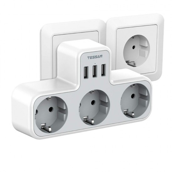 TS-323-DE German/EU 3600W Wall Socket Extender with 3 AC Outlets/3 USB Ports 5V 2.4A Power Adapter Overload Protection Sockets for Home/Office