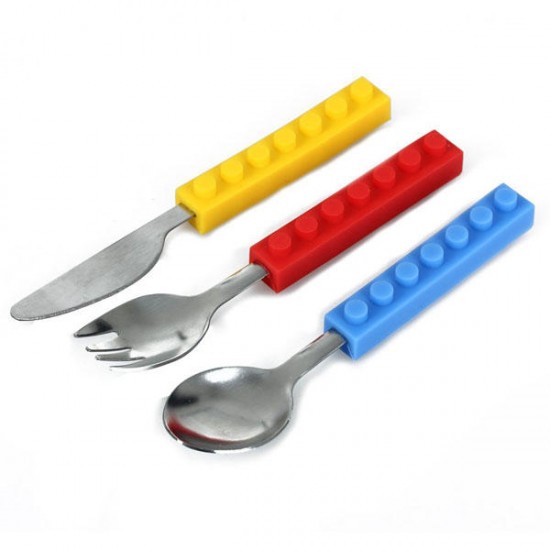 3PCS Creative Building Blocks Dinnerware Portable Block Fork Spoon Flatware Tableware